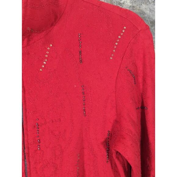 Spa By Chico's Sweatshirt Woman's Small Red Beaded Stripes Full Zip Athletic - Picture 5 of 12